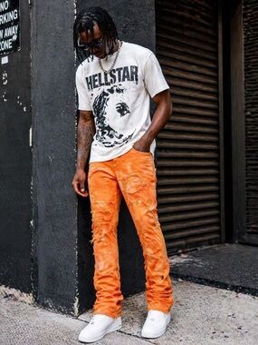 Valabasas Orange Tie Dye Distressed Patchwork Stacked Jeans Size 40 NWOT